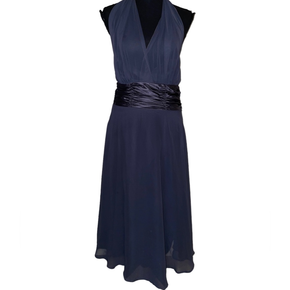 Connected Dark Grey Halter Sheer Formal Flowy Below Knee Dress (6) [Polyester]